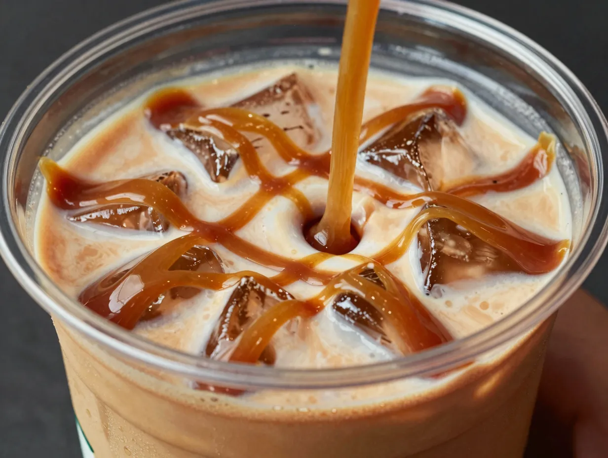 Iced caramel macchiato with extra caramel drizzle inside and on top