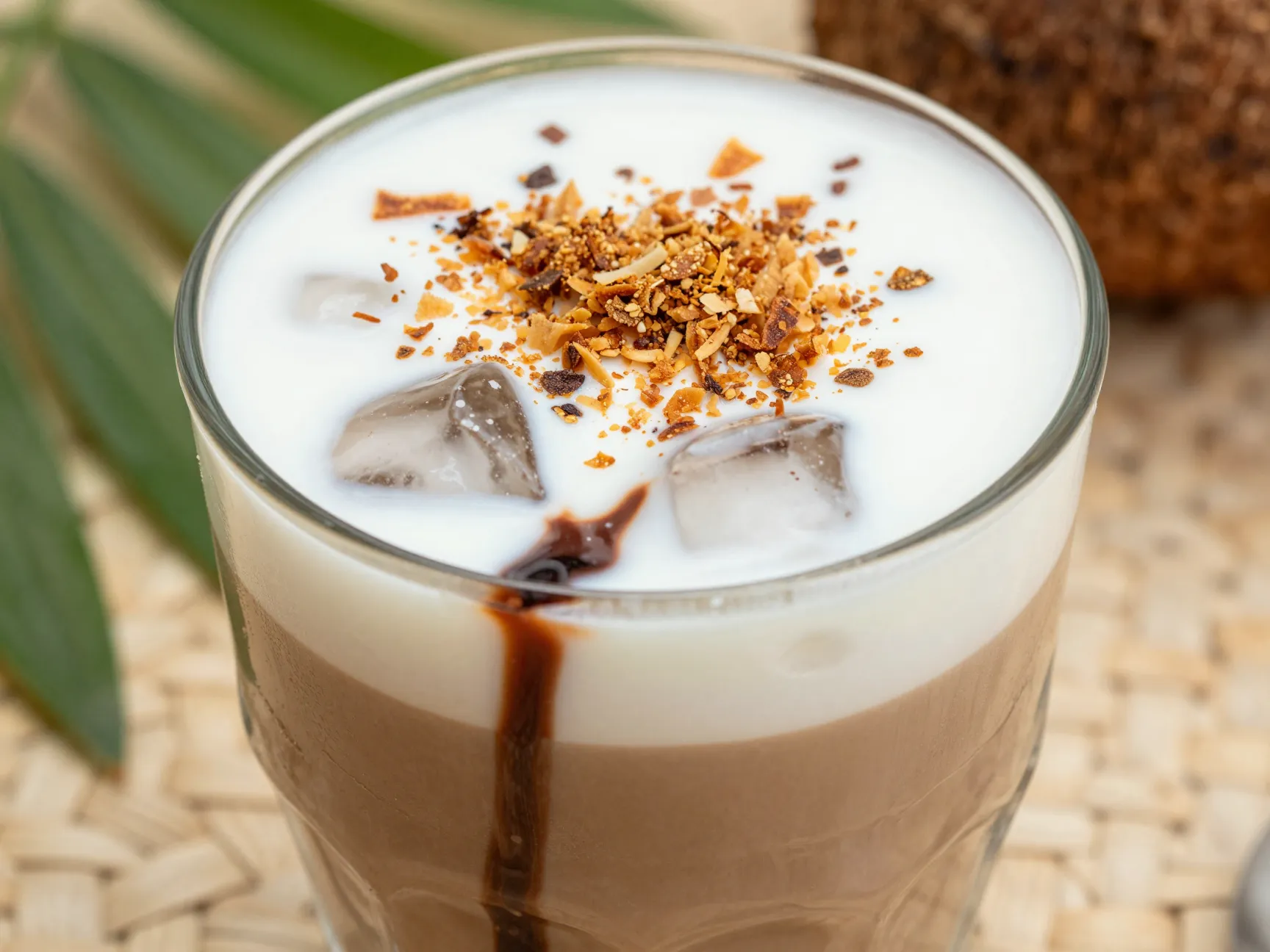 Tropical coconut mocha latte with toasted coconut flakes garnish