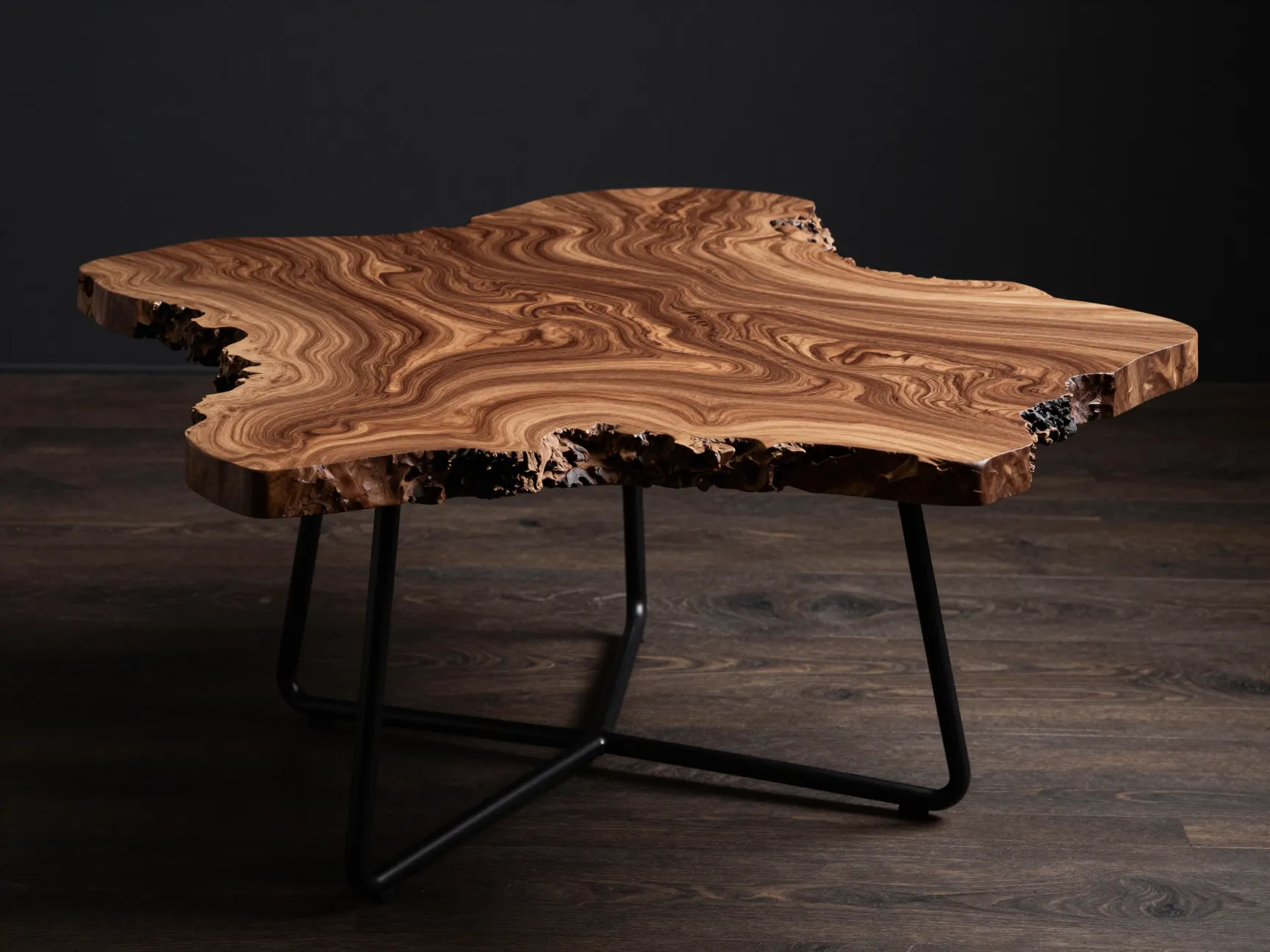 Burl wood corner table with blackened steel base sculptural art piece