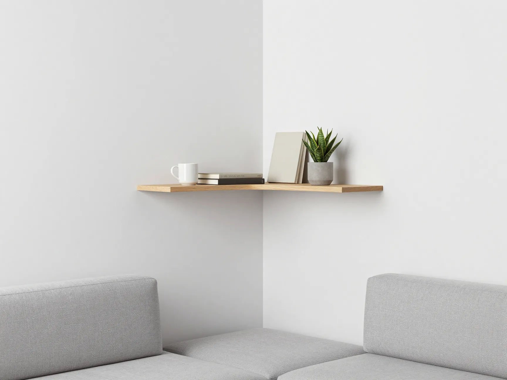 Floating wall mounted corner shelves at sofa height in minimalist room