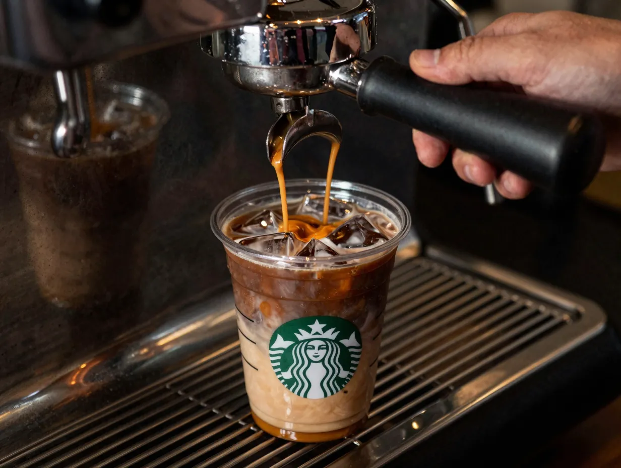 Iced caramel macchiato with an extra shot of dark espresso