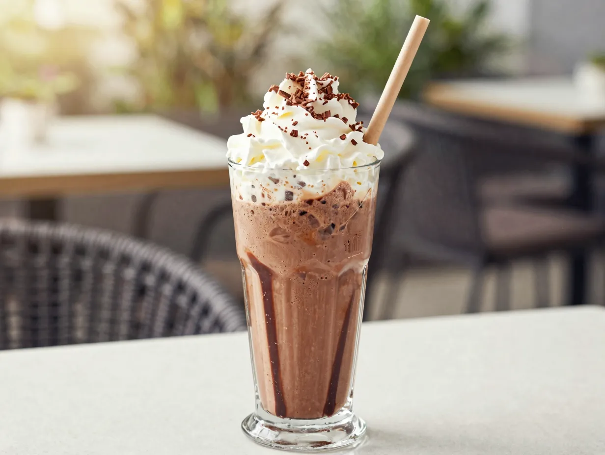 Blended mocha frappé style latte with whipped cream topping