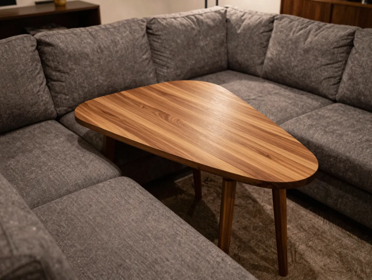 Wedge shaped corner table nestled into l shaped sectional sofa