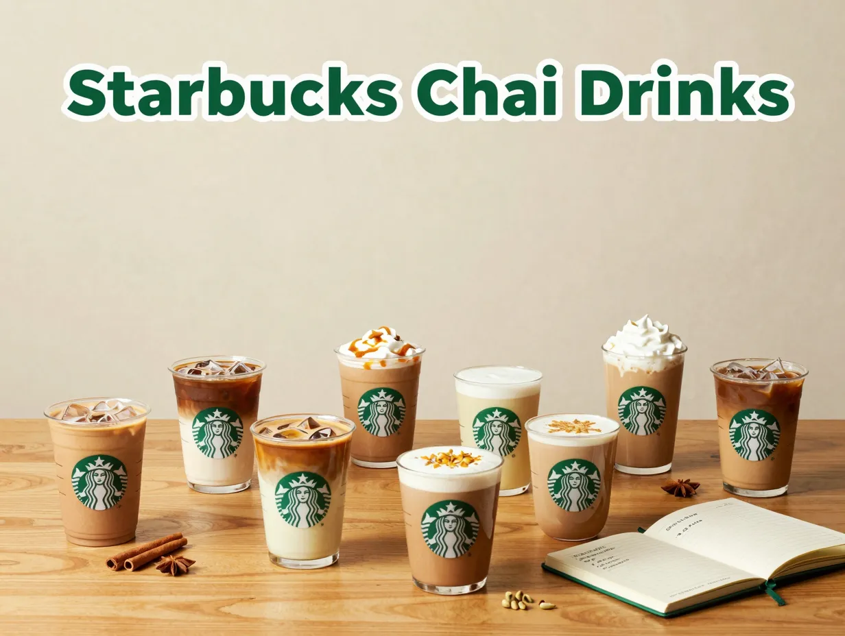 Eight starbucks chai variations iced dirty blended layered drinks flatlay