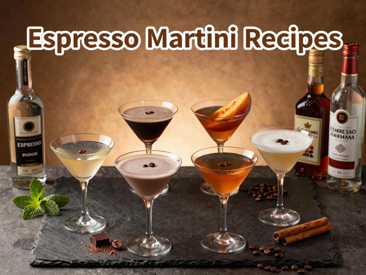 Eight varied espresso martinis bottles condiments slate overhead
