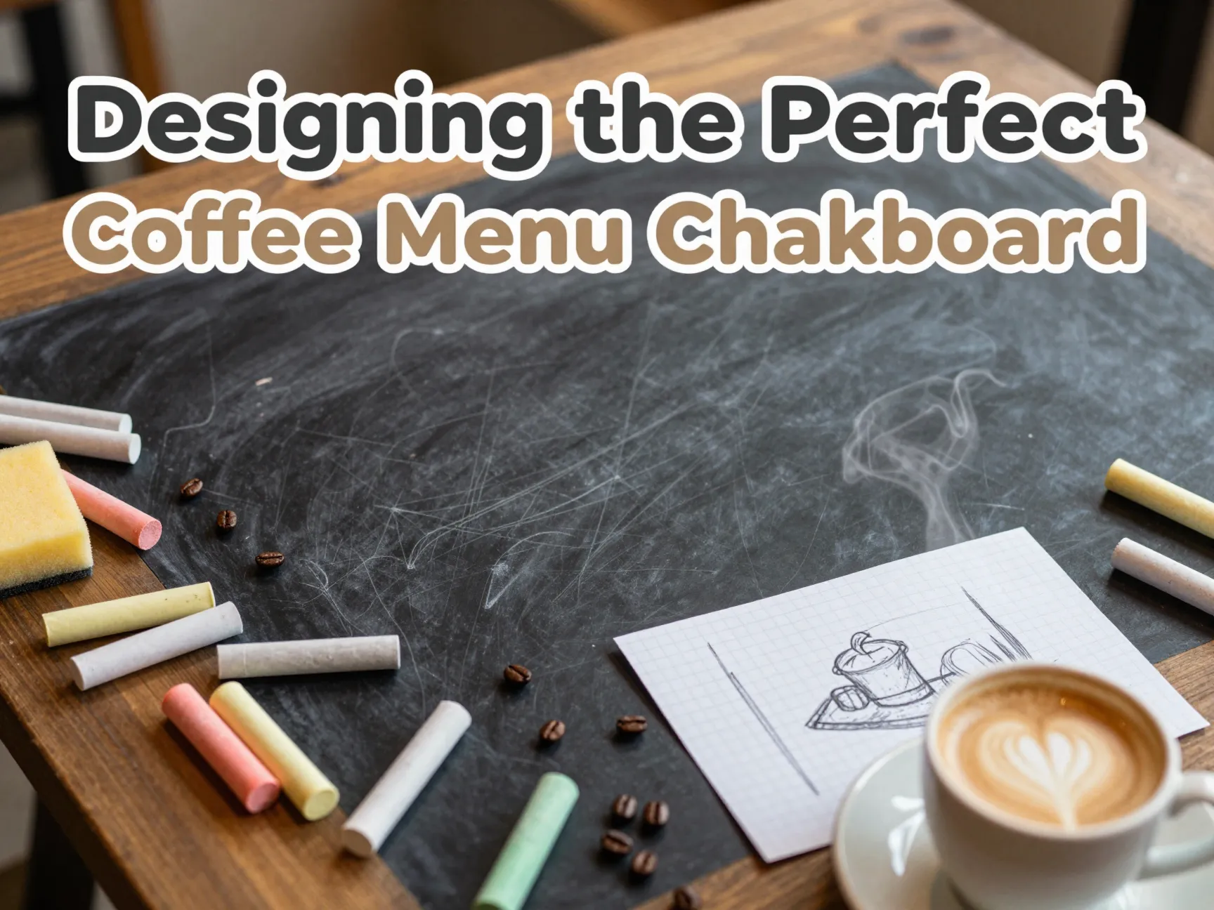 Overhead chalkboard design process with chalk tools and latte