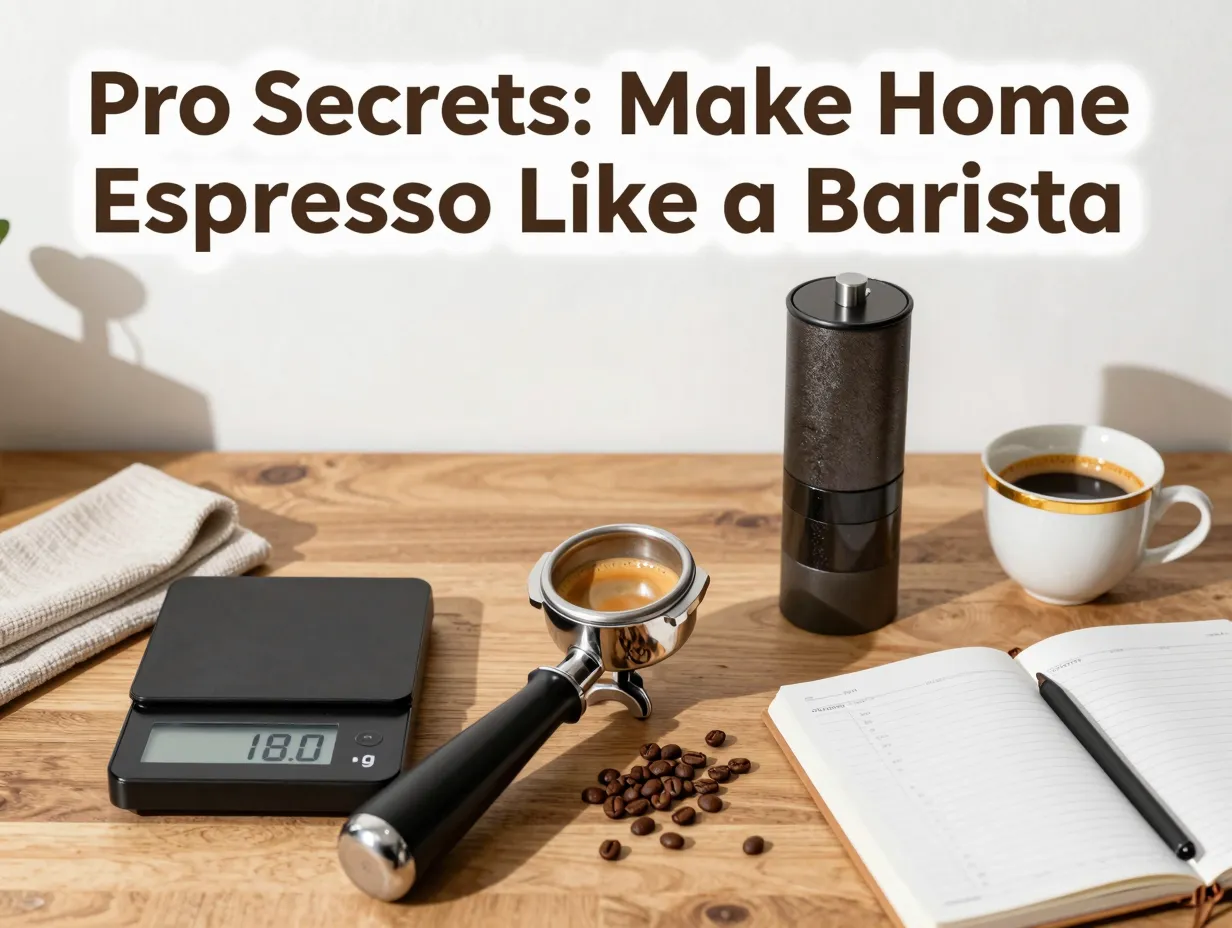 Precision scale fresh beans portafilter espresso cup cleaning cloth flatlay