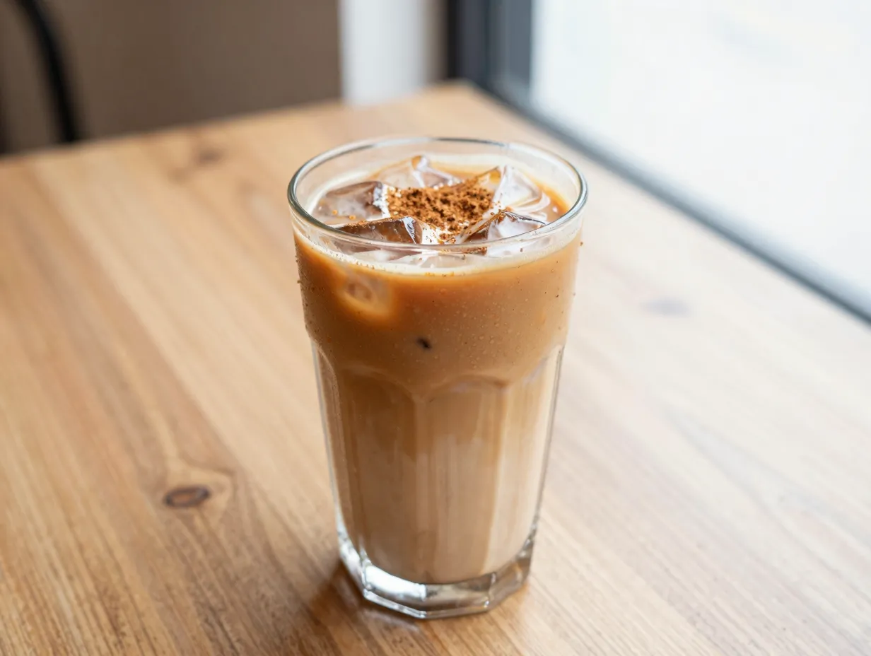 Glass of iced chai tea latte with cinnamon dusting and oat milk