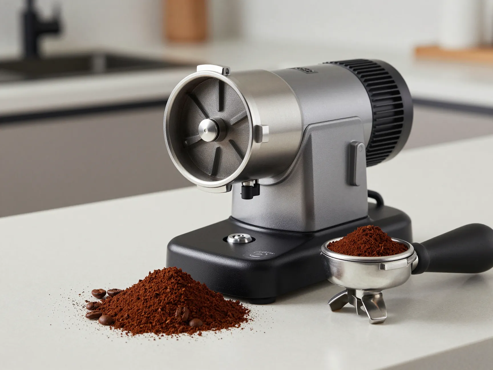 Modern burr grinder on counter with detailed components and coffee grounds