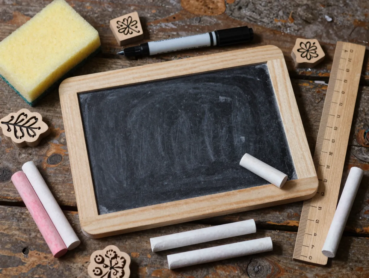 Chalkboard tools and materials on a vintage wooden table