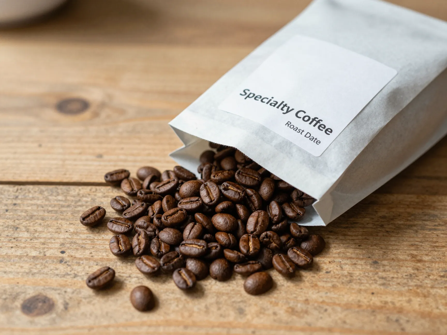 Fresh specialty coffee beans with roast date label in simple bag