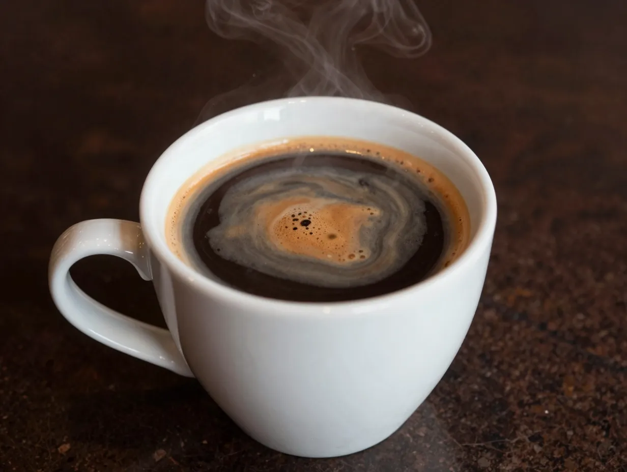 Hot dirty chai latte with espresso crema in a ceramic mug