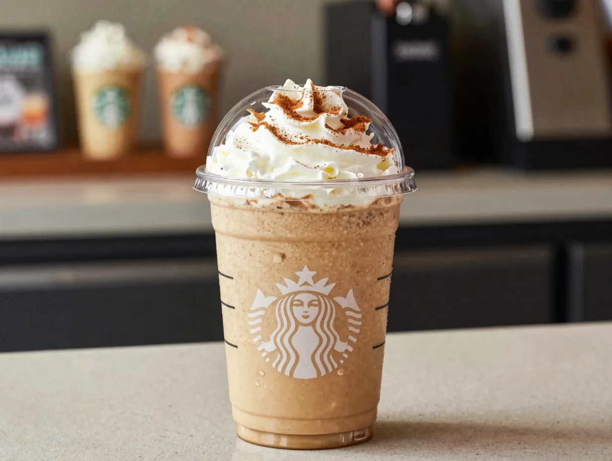 Blended chai frappuccino with whipped cream and cinnamon