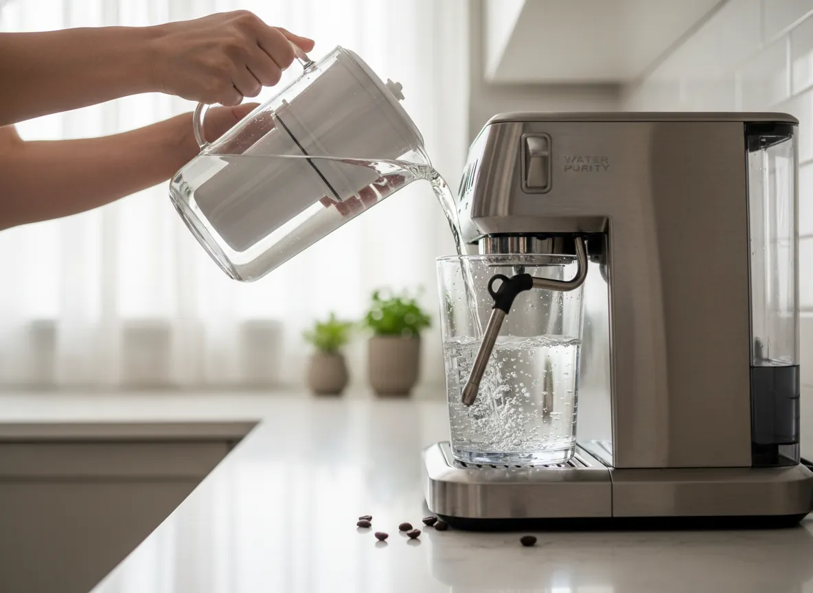 Filtered water being poured into espresso machine reservoir