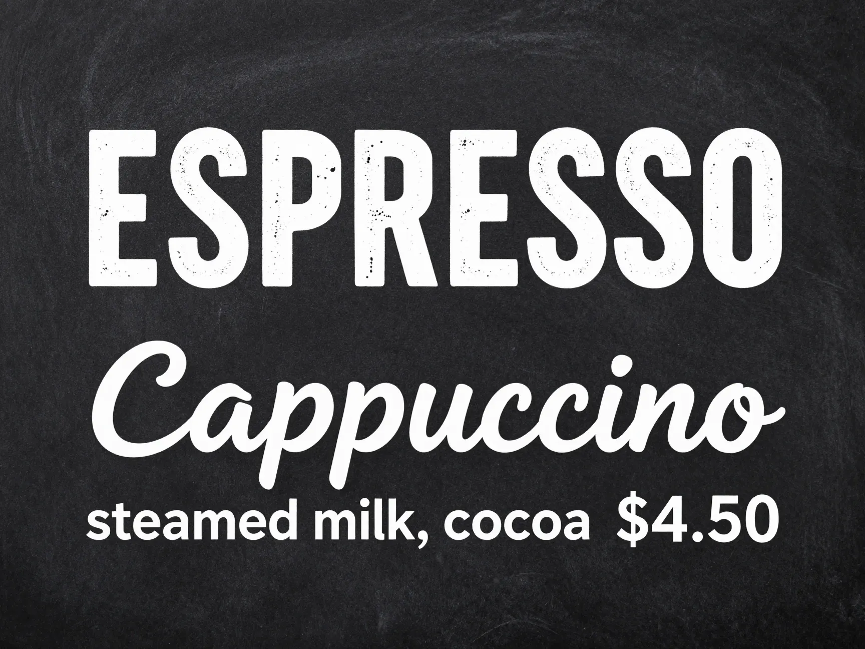 Typography hierarchy on a black chalkboard with three lettering styles