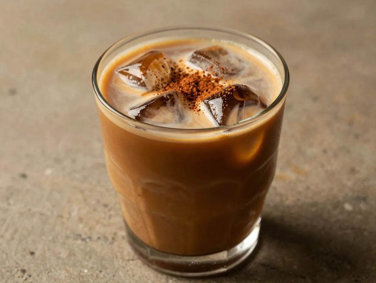 Iced brown sugar chai tea latte in a glass with oat milk