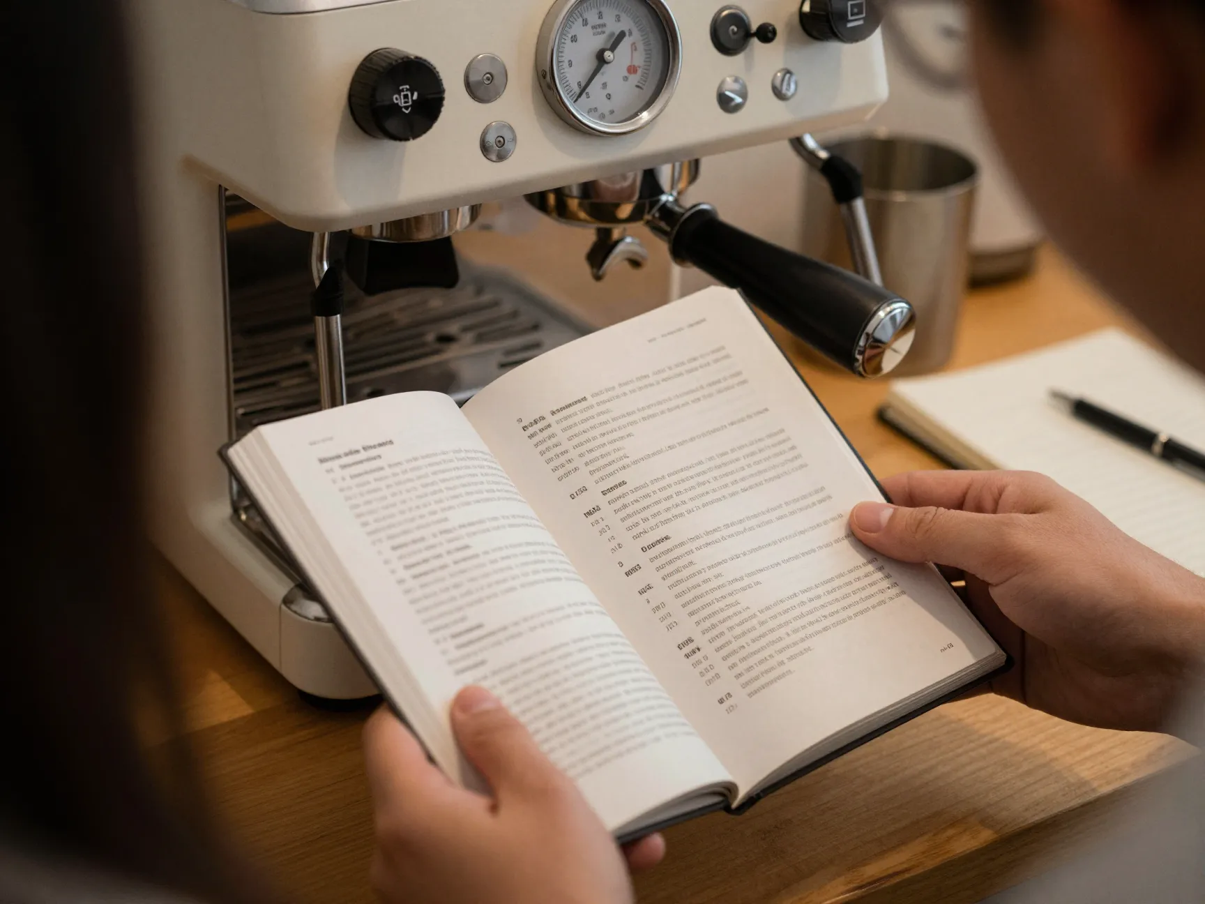 Person studying espresso machine manual with pressure gauge visible
