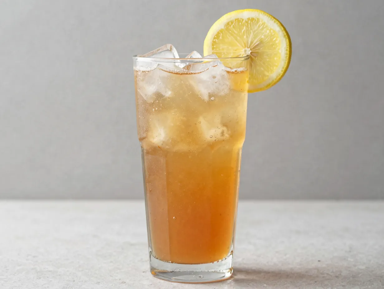 Chai tea lemonade with ice and lemon slice in a tall glass
