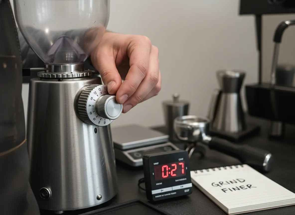 Barista hand adjusting grind setting on dial with shot timer