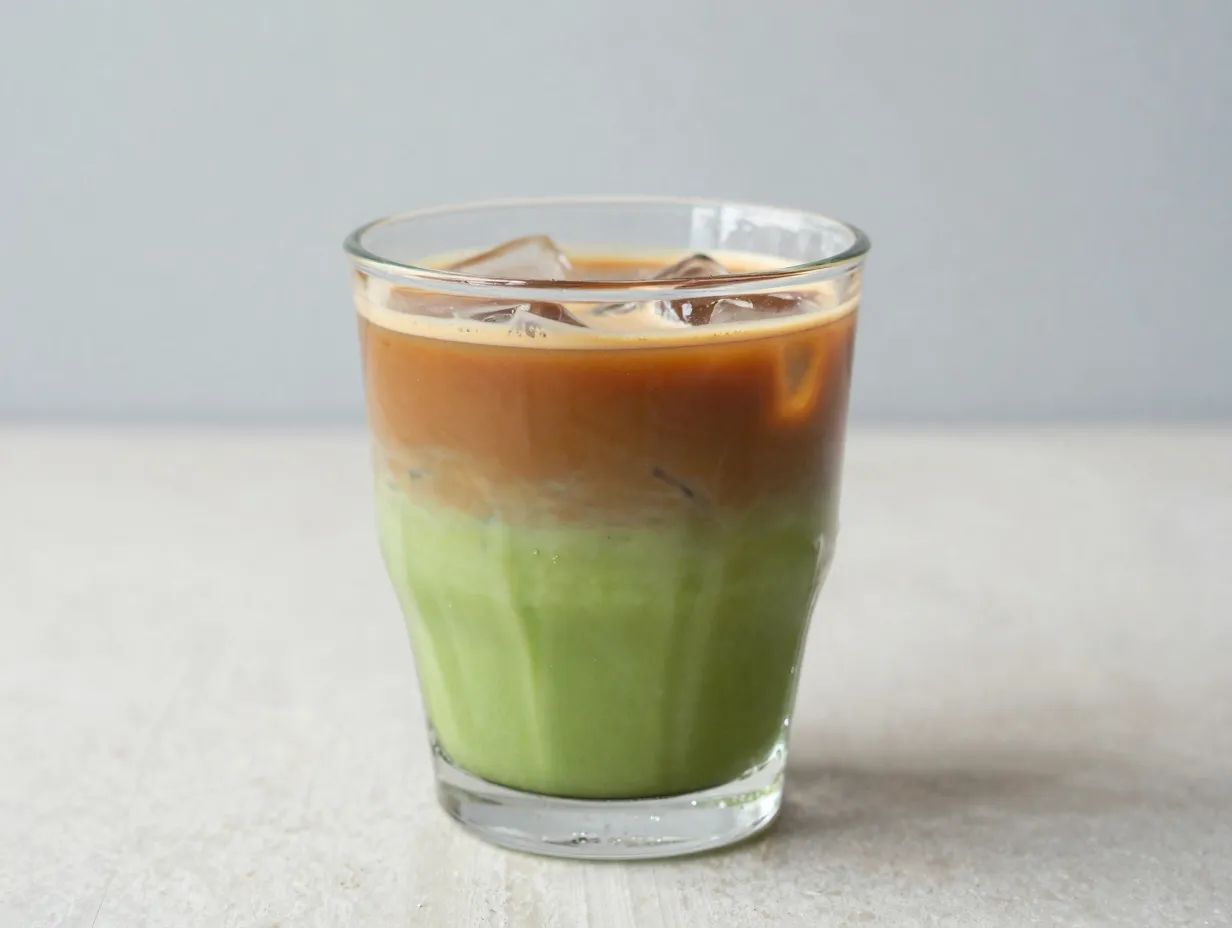 Iced matcha and chai latte layered in one clear glass