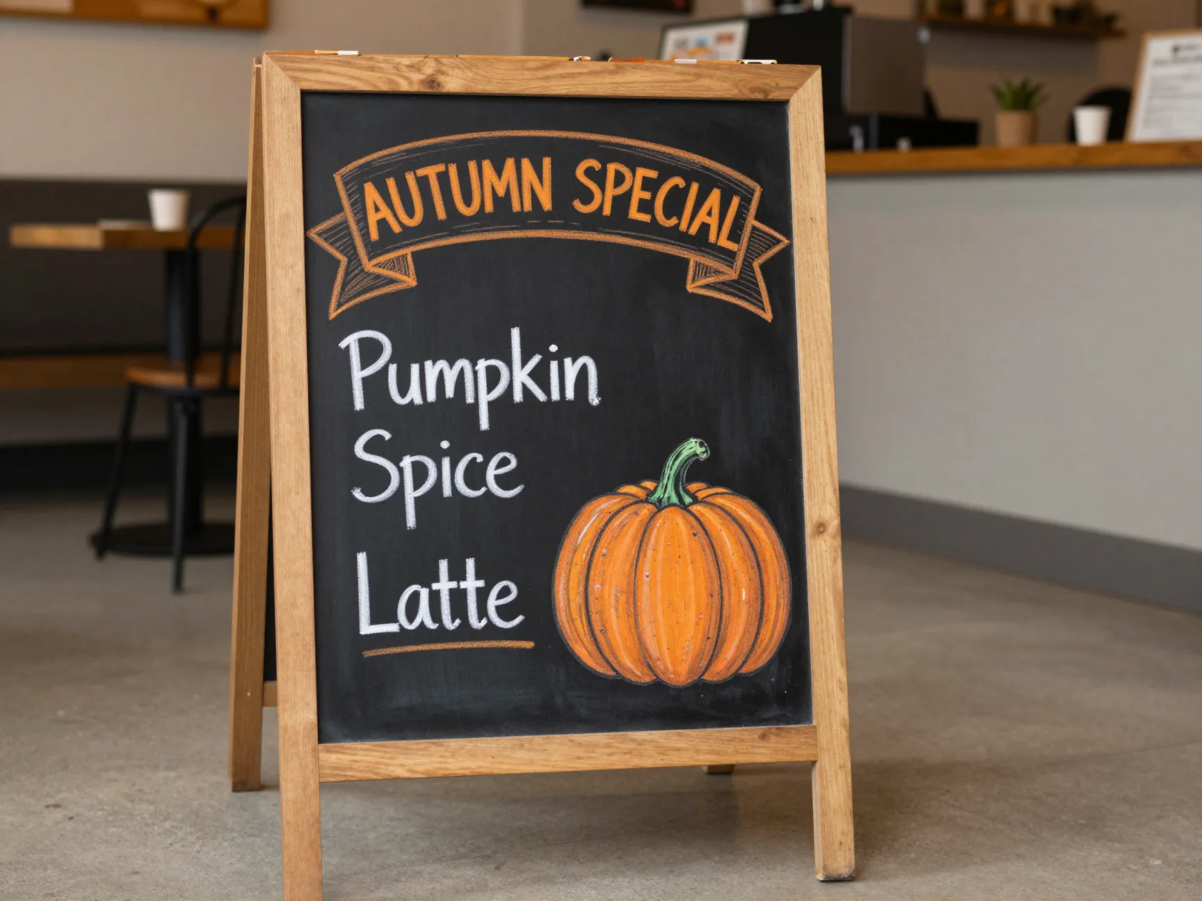 Prominent seasonal specials board with autumn pumpkin illustration