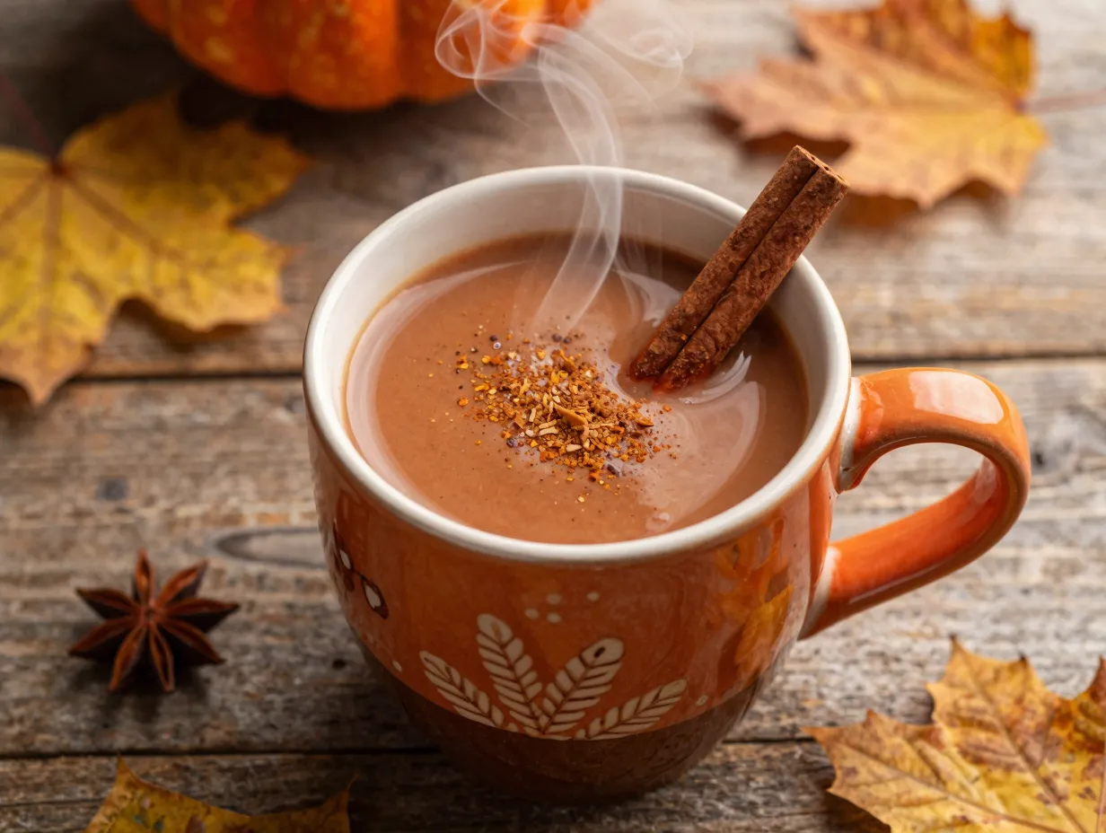 Pumpkin spice chai latte in a mug with cinnamon stick garnish