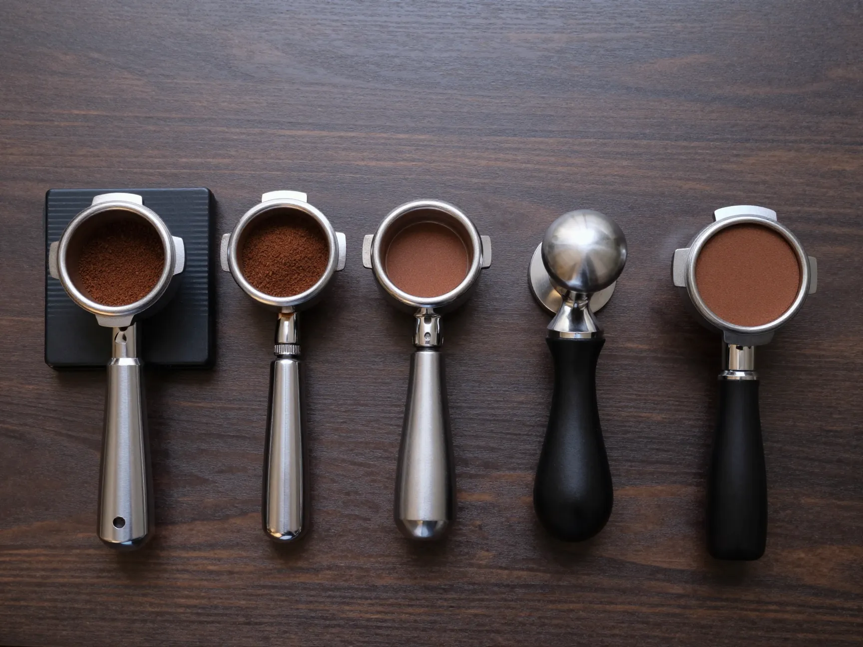 Sequence of professional puck preparation tools in use on counter