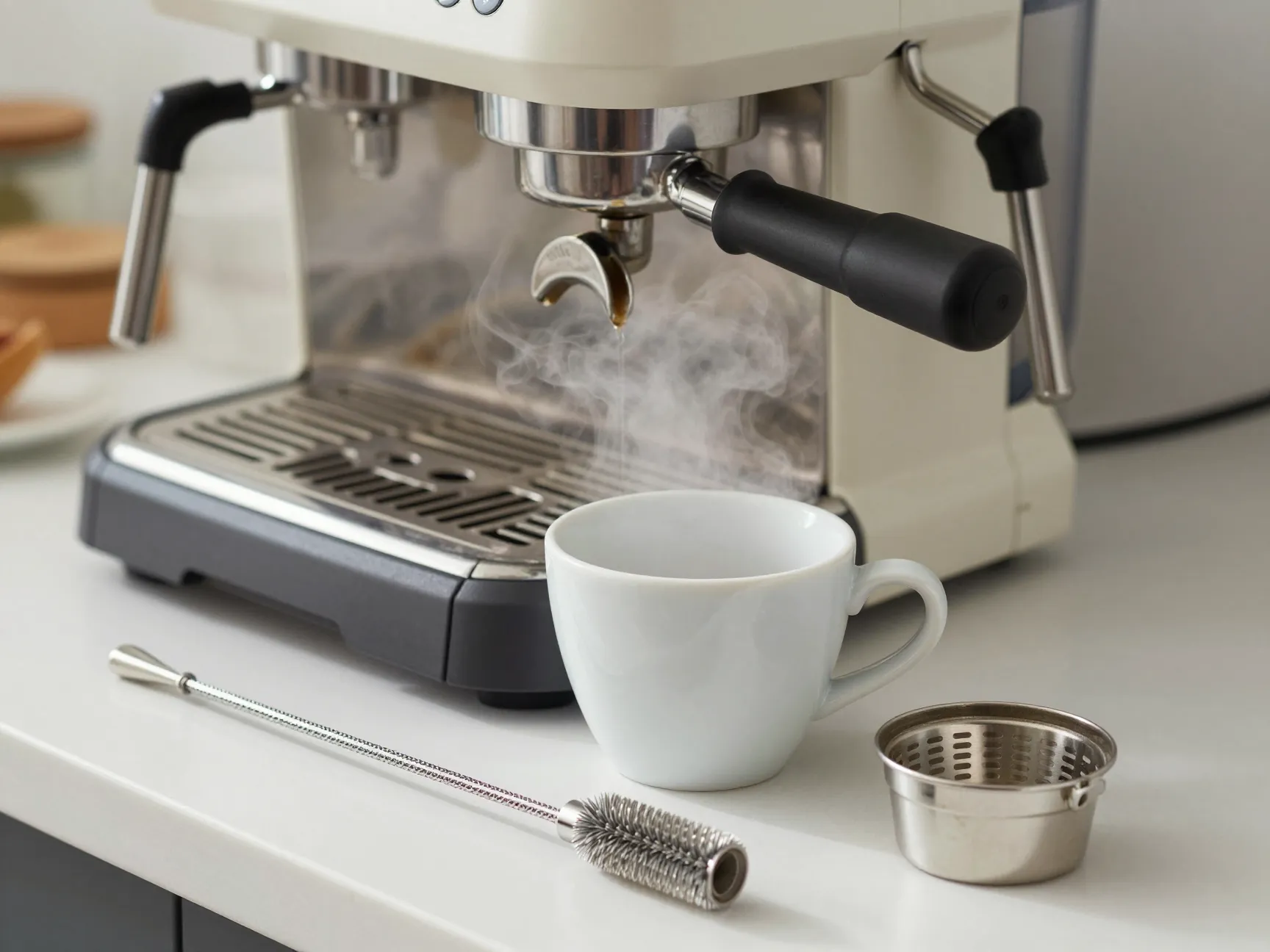 Preheating espresso machine group head and cleaning brush on counter