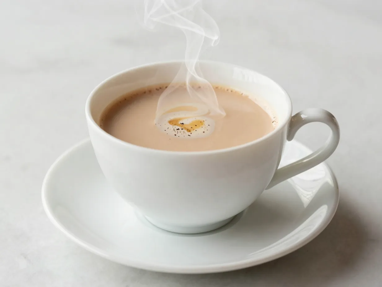 Steaming london fog chai hybrid in a white teacup with vanilla