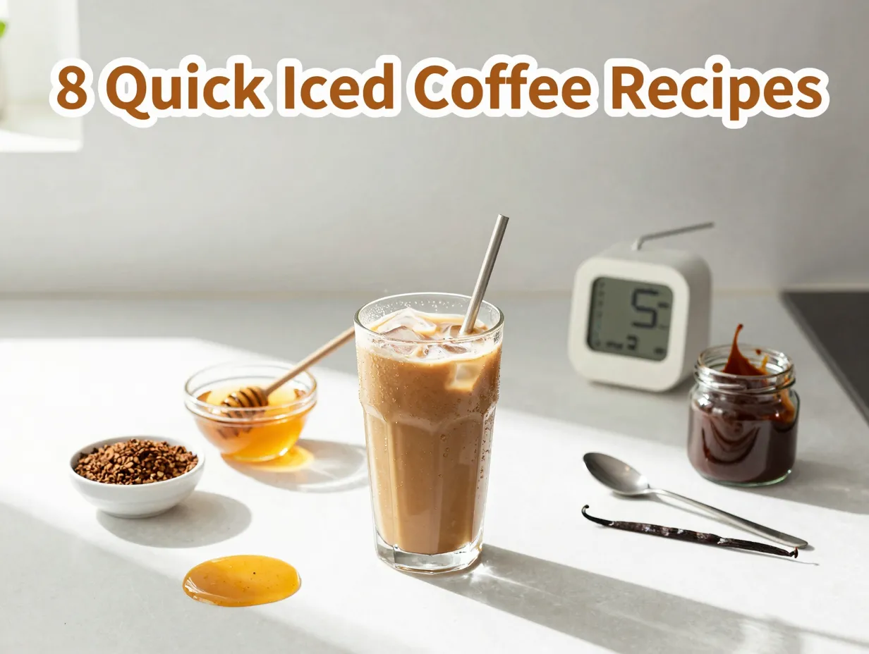 Iced coffee glass ingredients flat lay kitchen counter five minutes