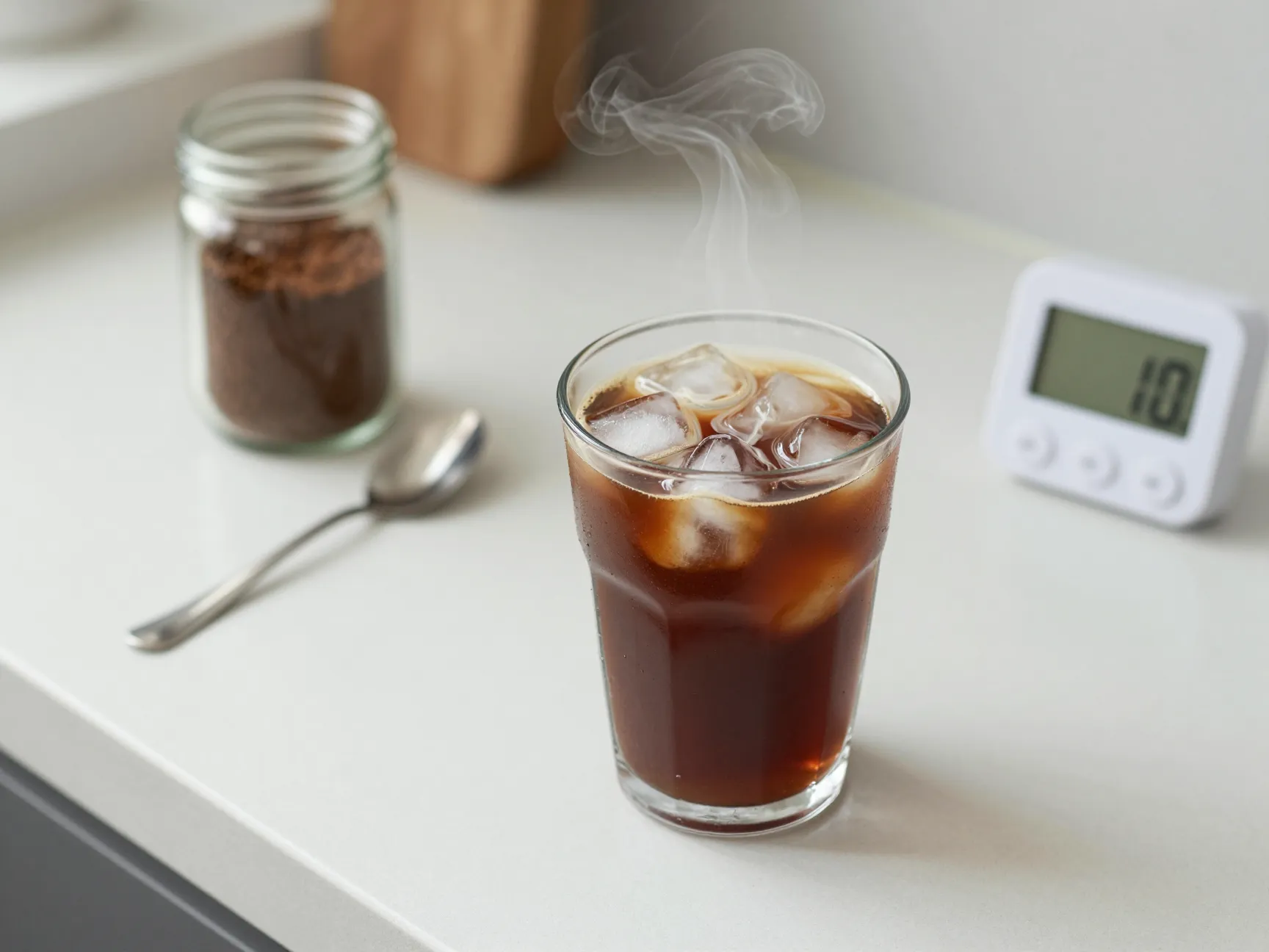 One minute instant iced coffee in simple glass on counter