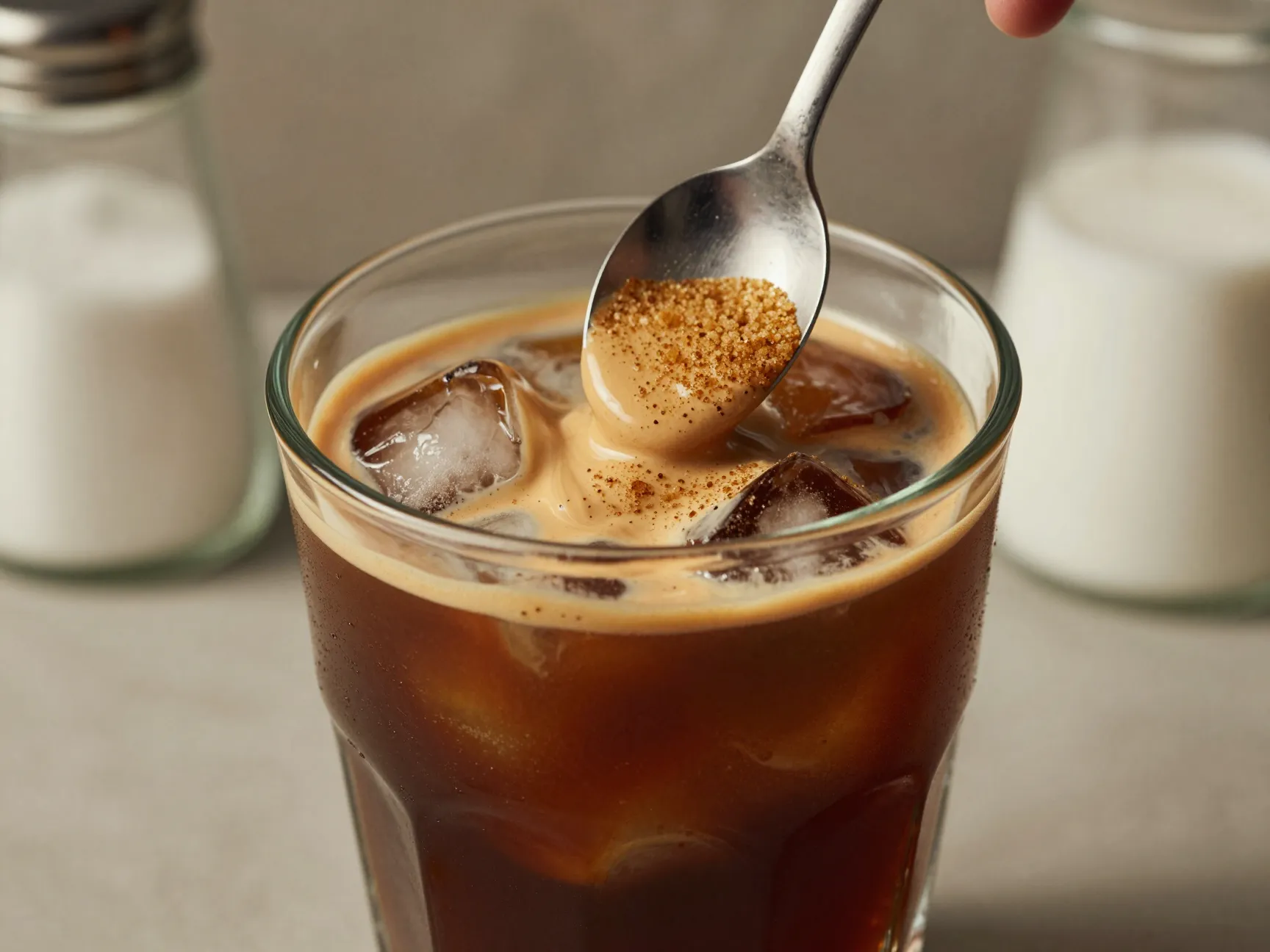 Classic iced coffee with sugar and creamer dissolving together