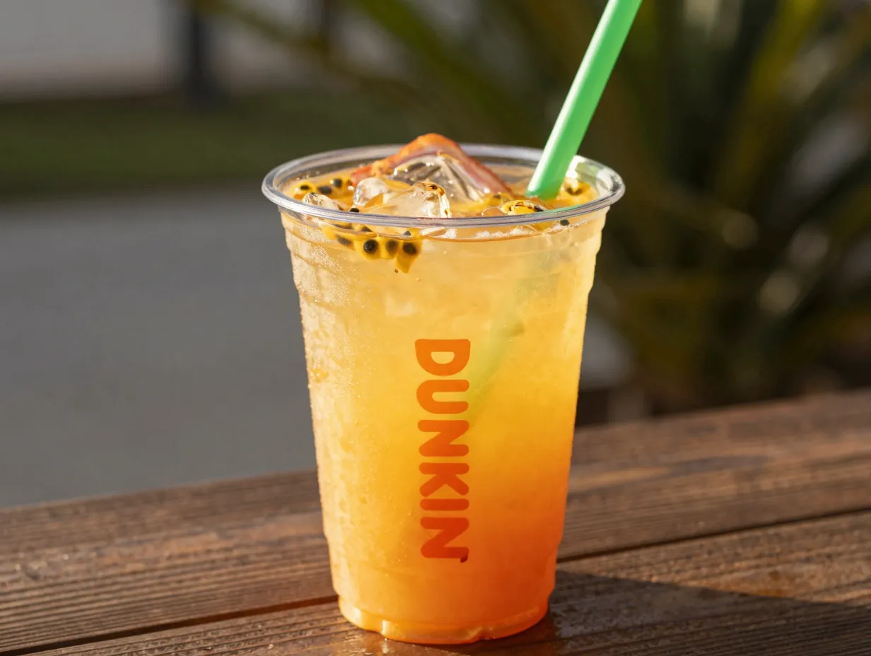 Golden hour mango passion fruit sunset colored tropical drink