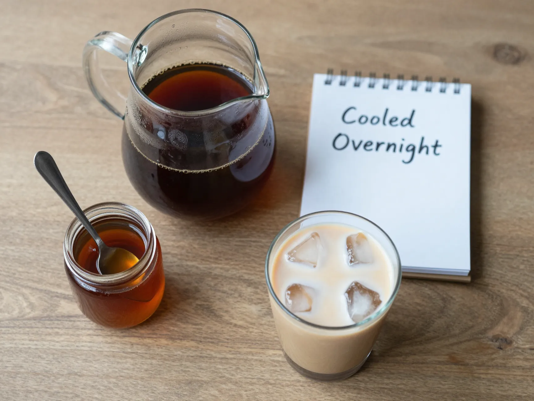 Homemade iced coffee with pre cooled brew and simple syrup