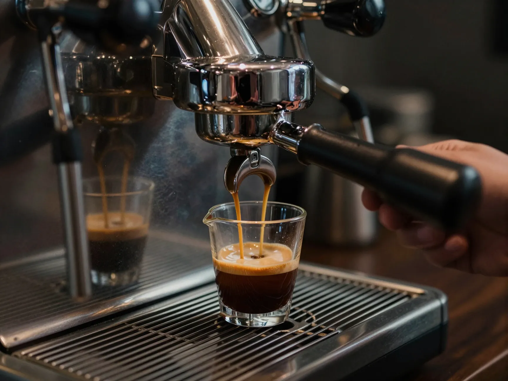 Espresso machine pulling ristretto shot for americano