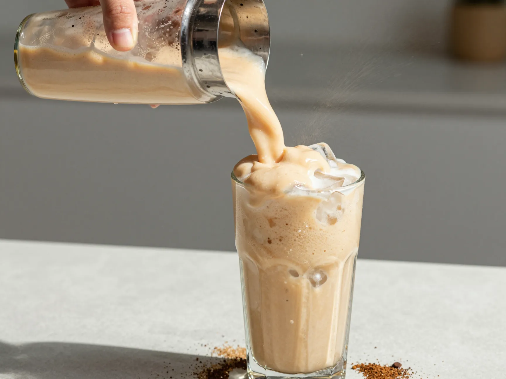 Greek frappe with thick foam poured over ice in tall glass