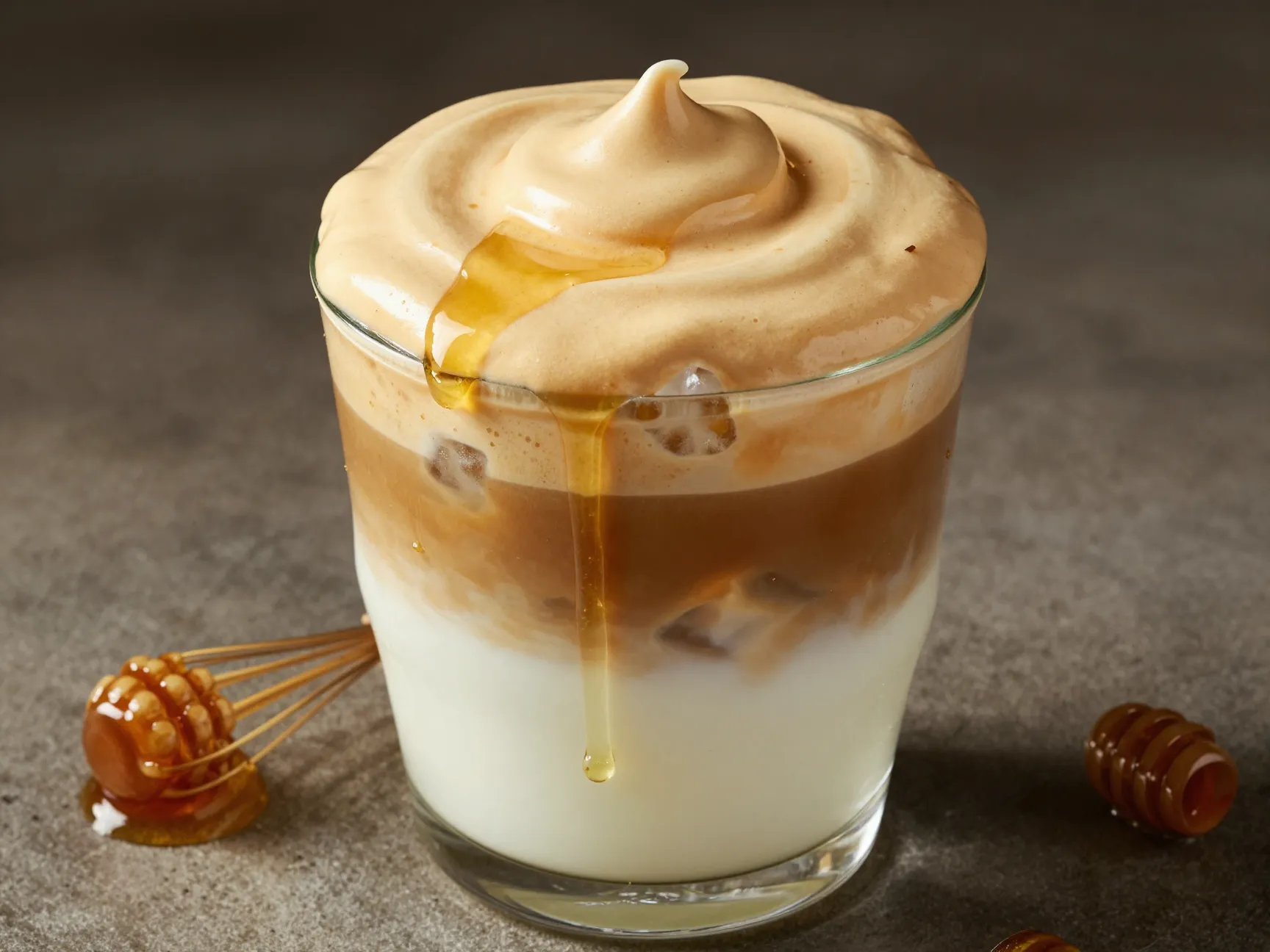 Dalgona honey coffee with whipped topping on milk and ice