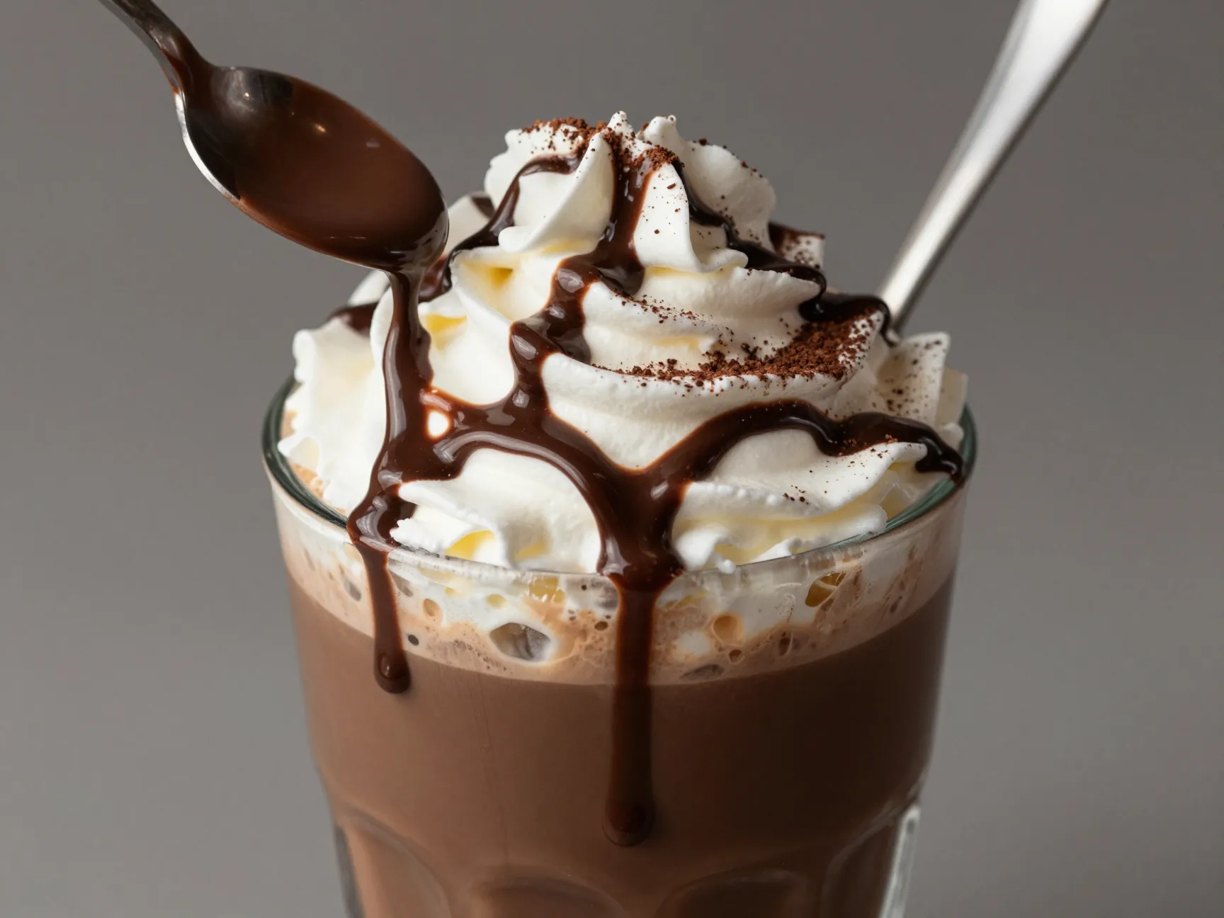Instant iced mocha with chocolate syrup and whipped cream