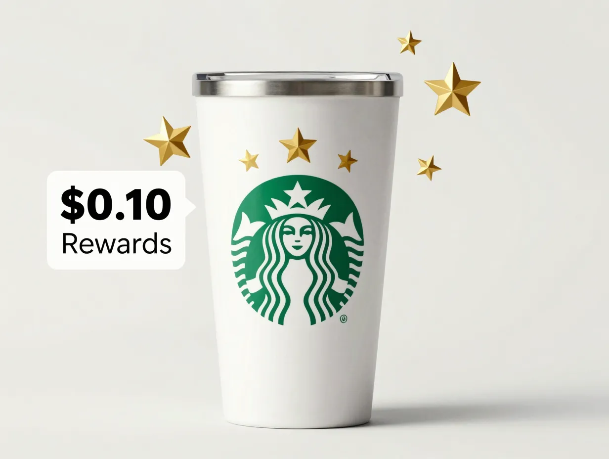 Reusable travel cup with starbucks rewards stars graphic