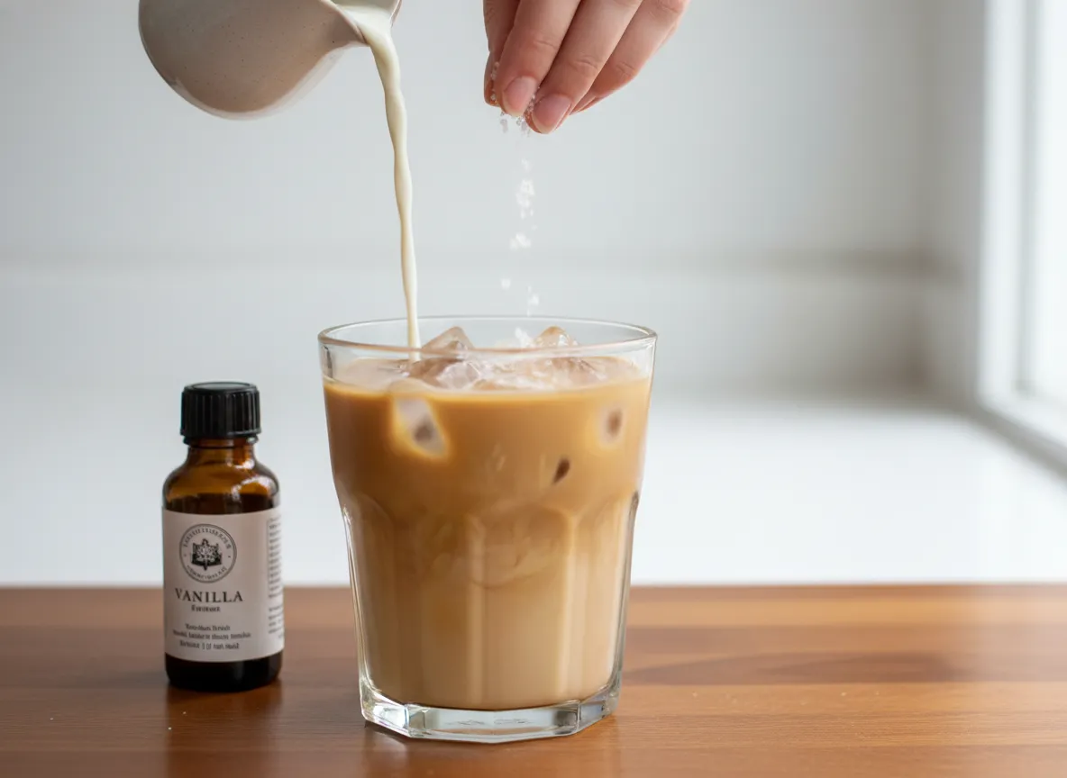 Vanilla iced coffee with sea salt pinch and milk pouring