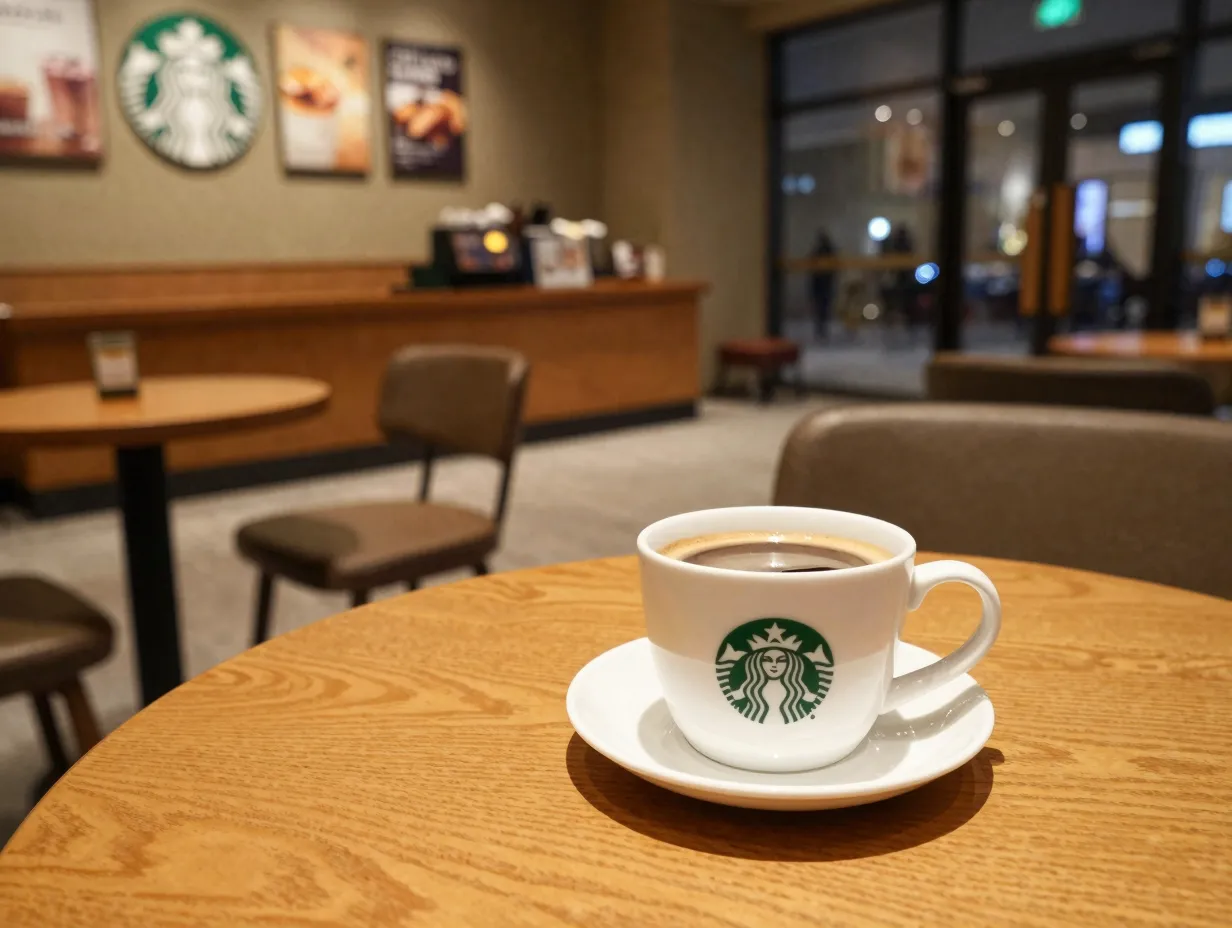 For here ceramic mug americano on cozy cafe table