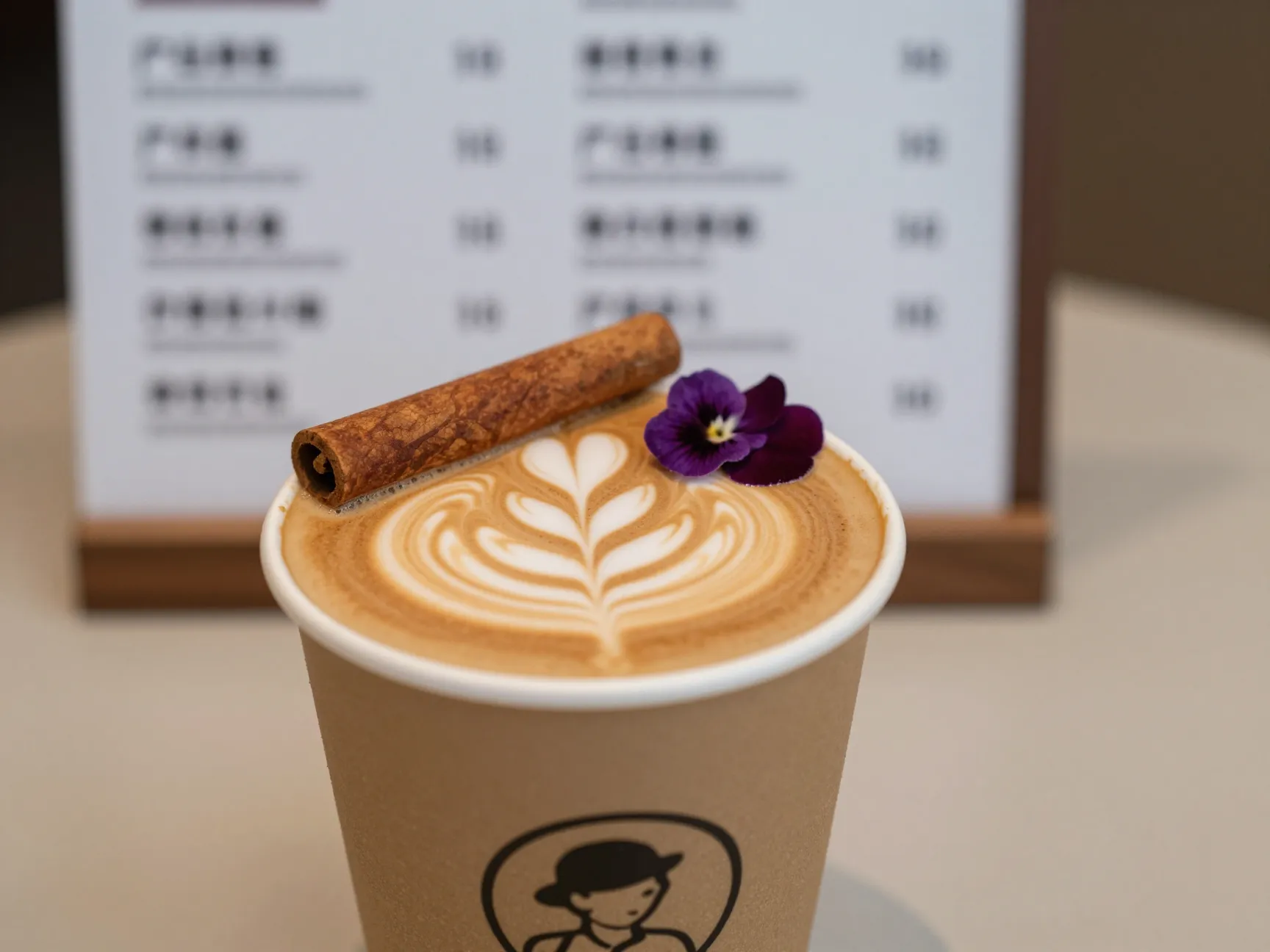 Visual excellence latte art branded cup seasonal garnish presentation