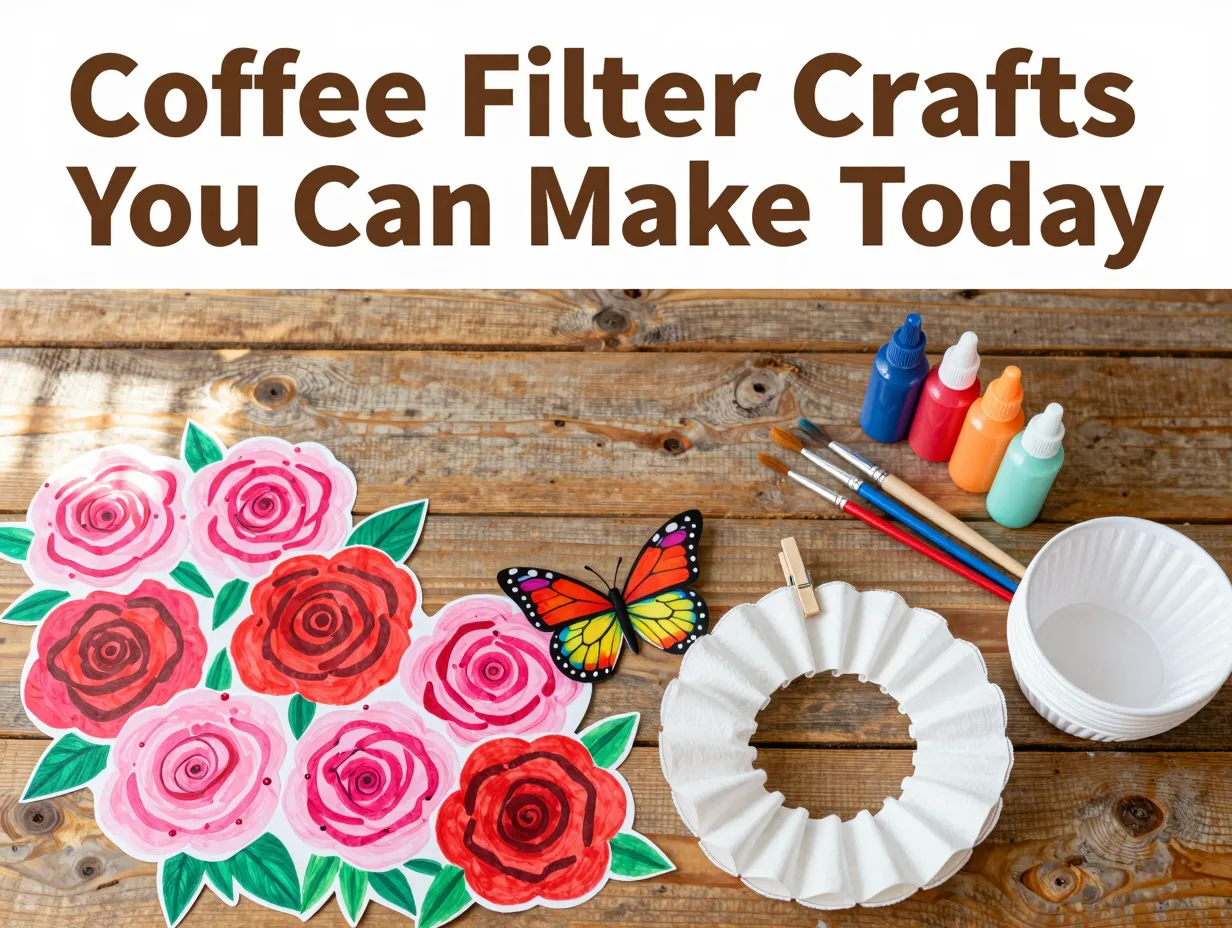 Coffee filter roses butterfly wreath watercolors pipe cleaners flat lay