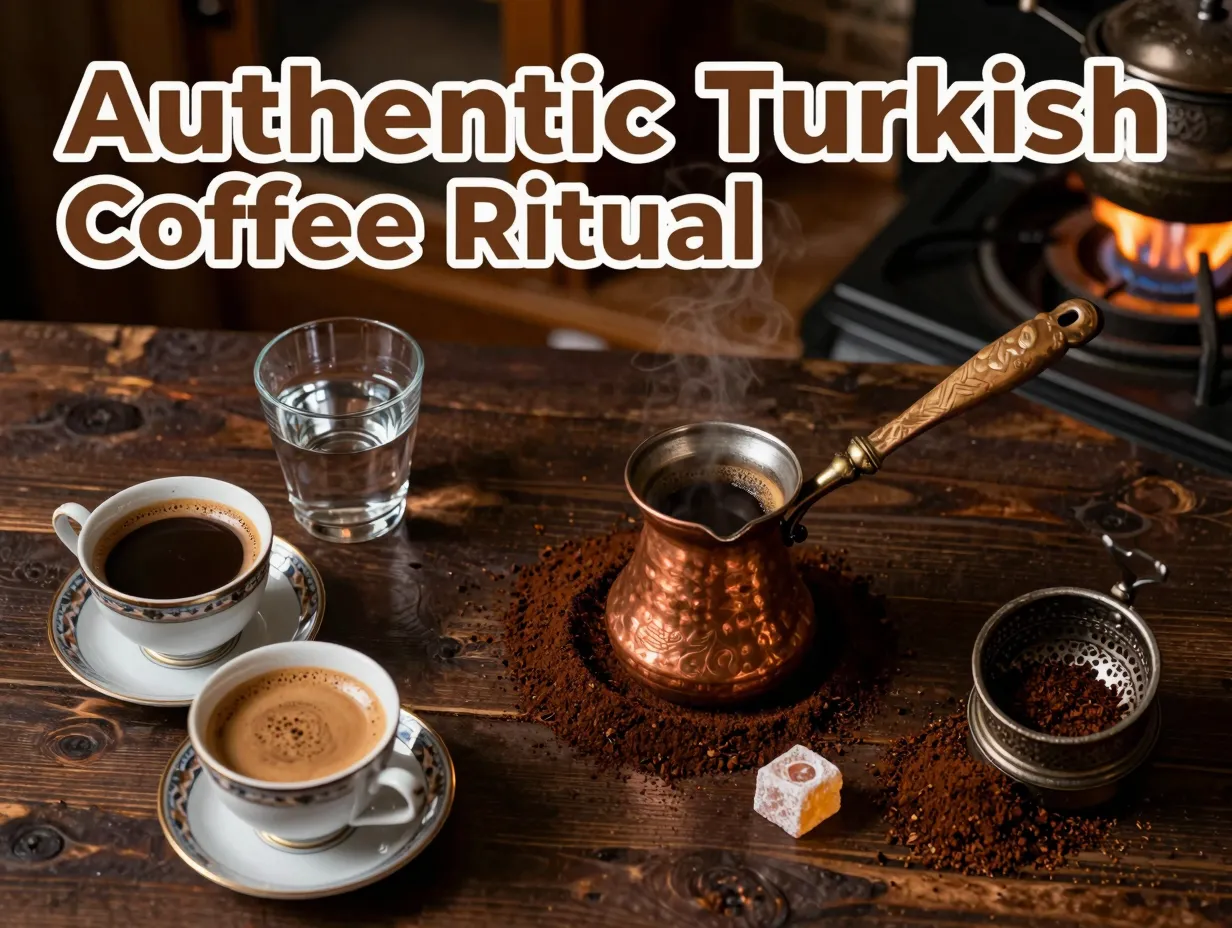 Copper cezve foamed demitasse turkish delight wooden table flatlay
