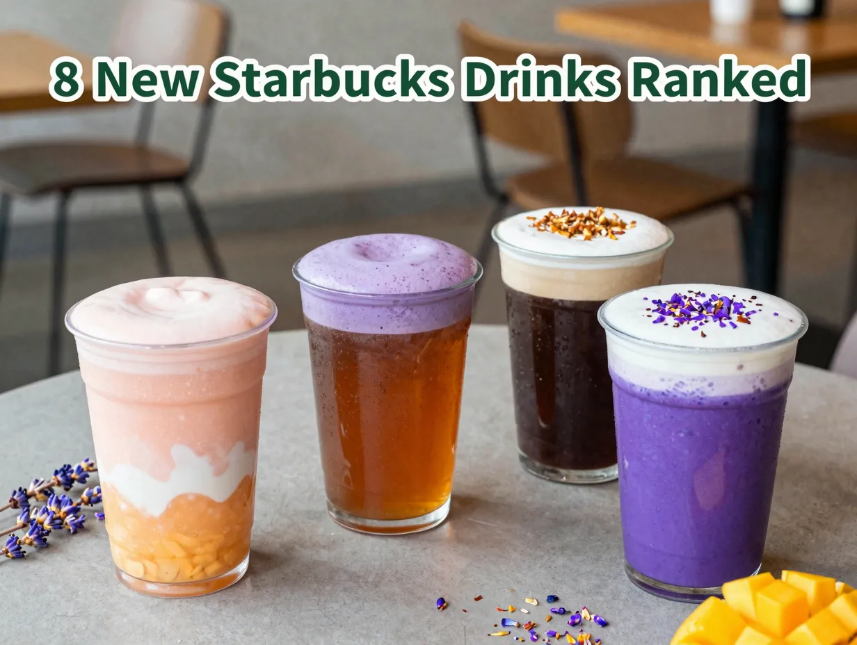 Mango dream lavender chai coconut cold brew ube macchiato overhead