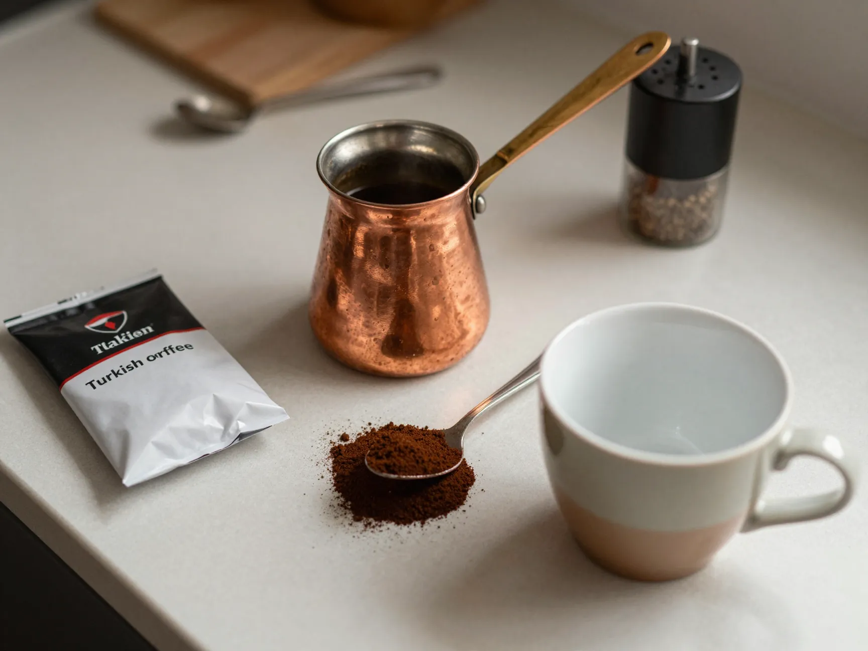 Copper cezve fine coffee grounds demitasse cup on counter