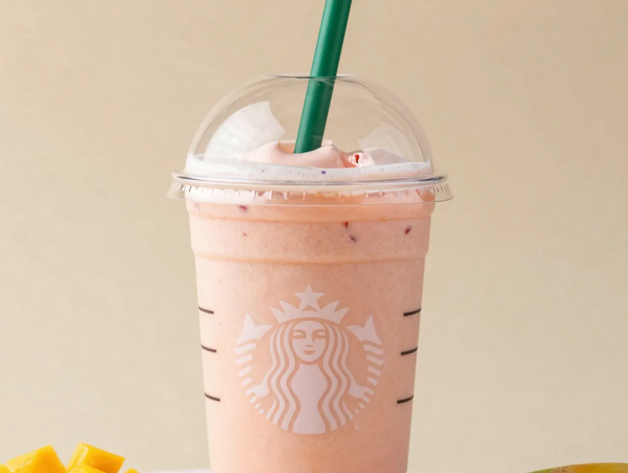 Creamy mango dream drink in clear starbucks cup with coconut milk base