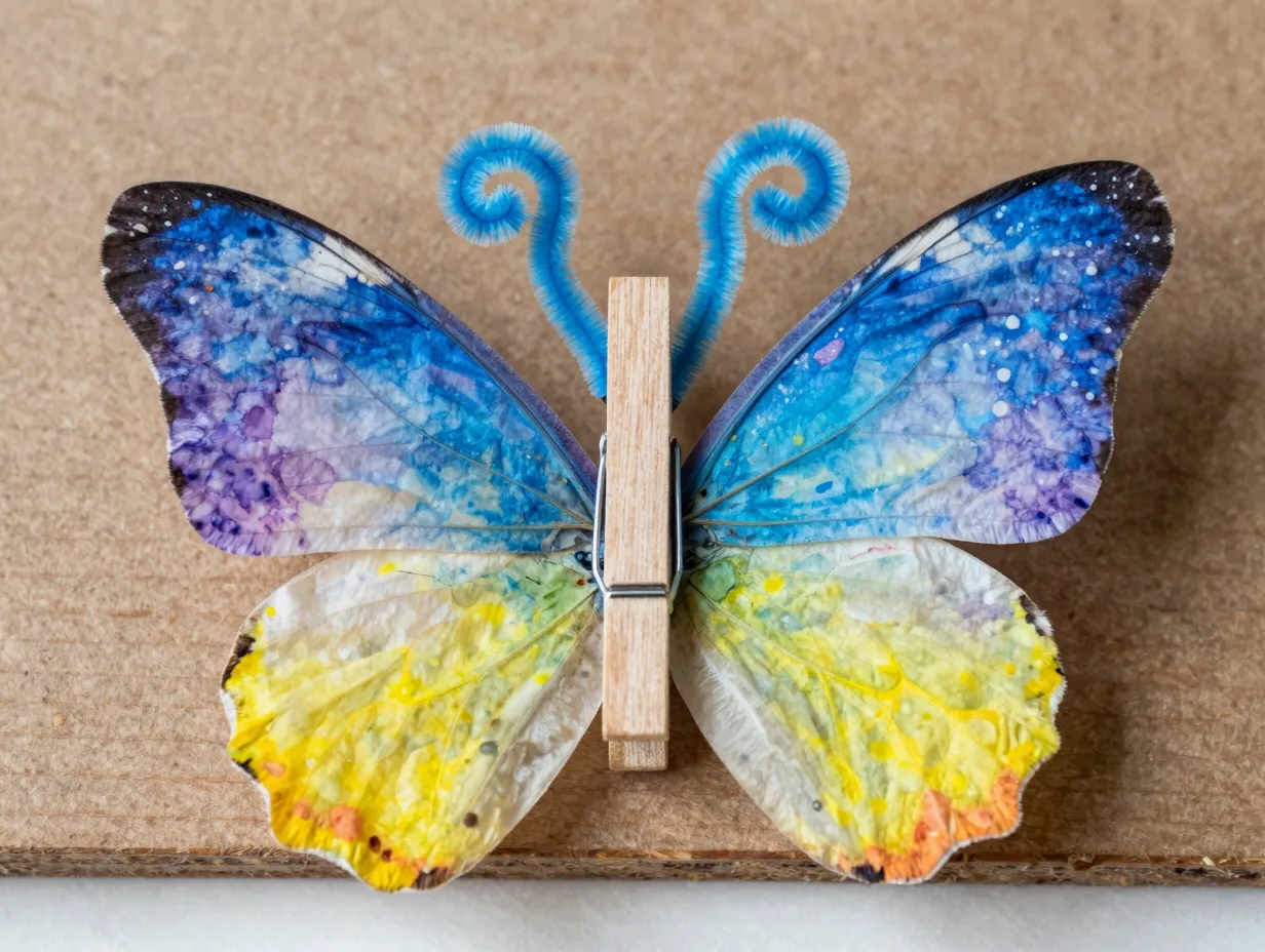Color blended coffee filter butterfly clipped with decorated clothespin antennae