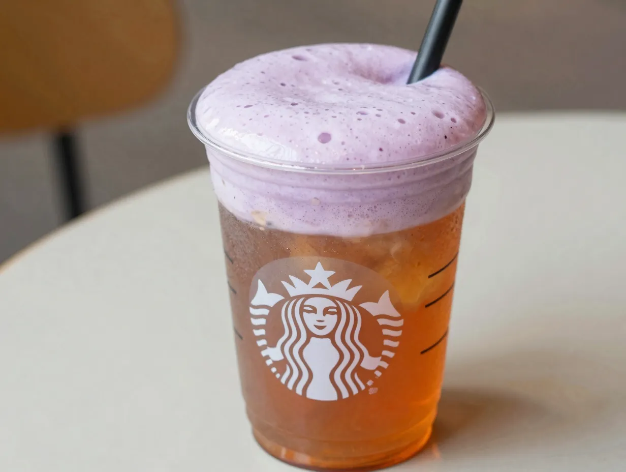 Iced lavender cream chai drink with purple foam over amber tea