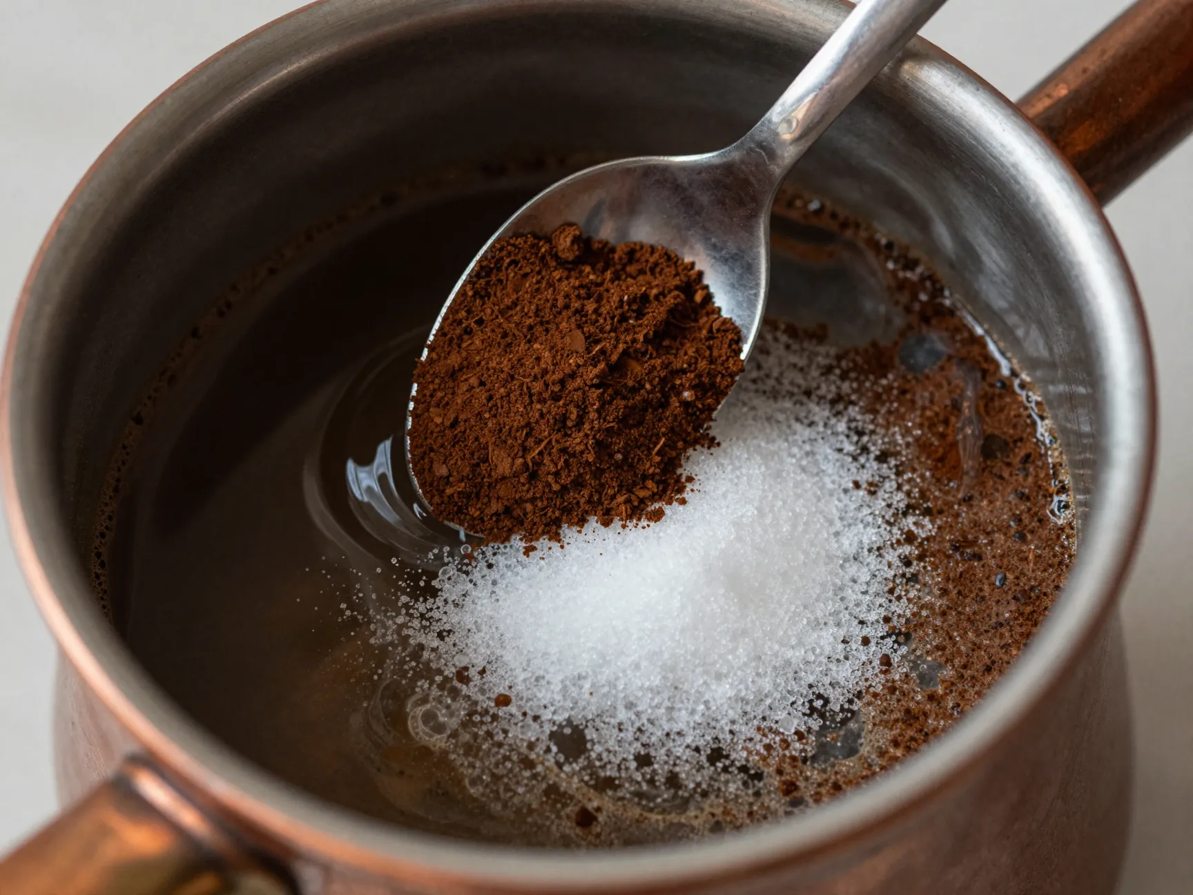 Adding coffee and sugar to cold water in cezve with spoon